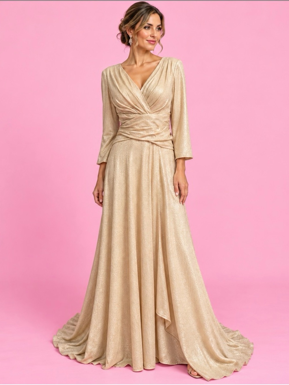 ✨ Oleg Cassini Champagne Metallic Shimmer Formal Dress – Size 14 ✨